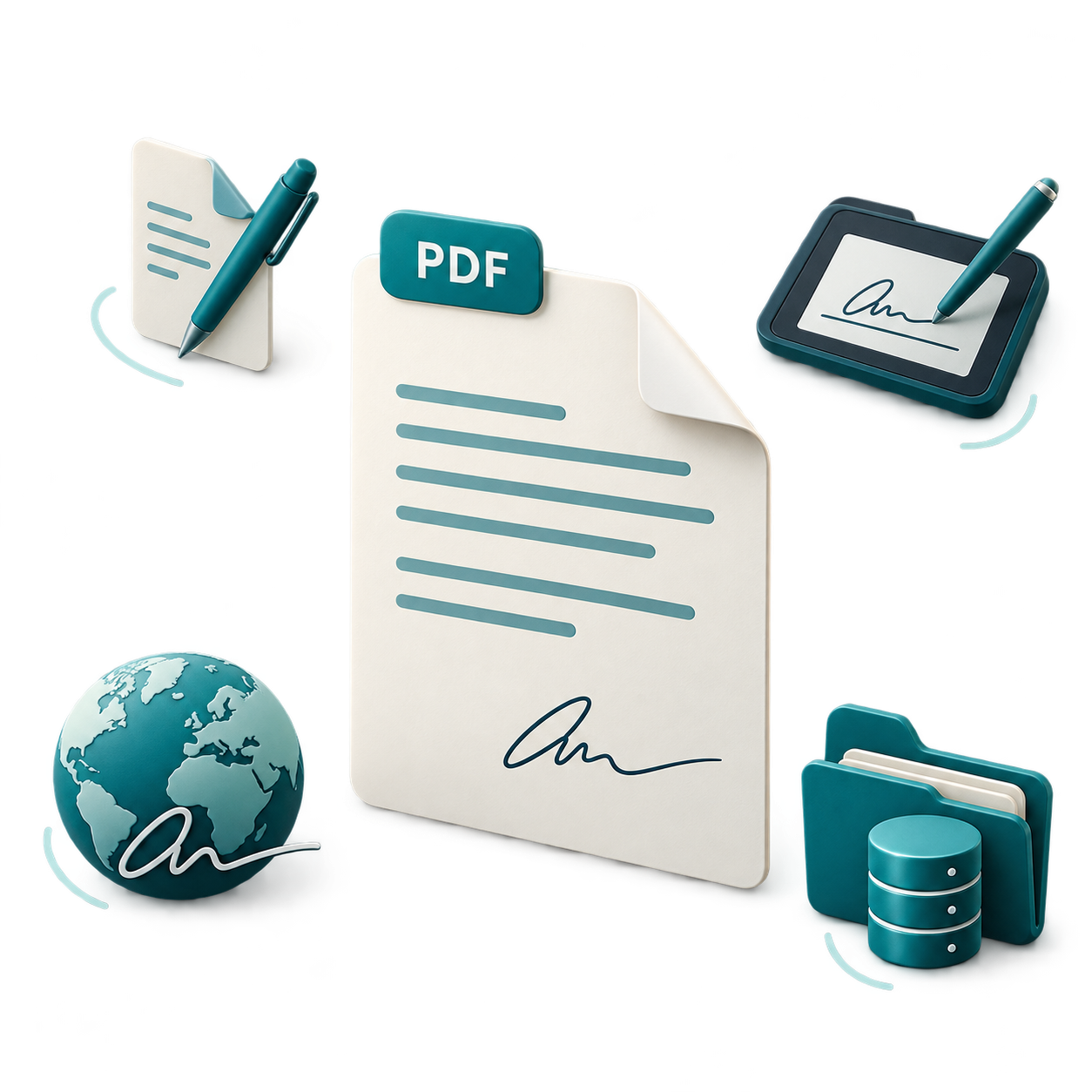 Zentrales PDF-Dokument mit Symbolen für Dokumentbearbeitung, interne Signatur am Signaturpad, externe Signatur und Ablage in Zielsystemen.