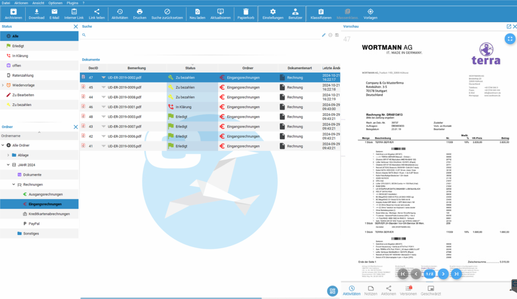ecoDMS mit digital archivierten Eingangsrechnungen